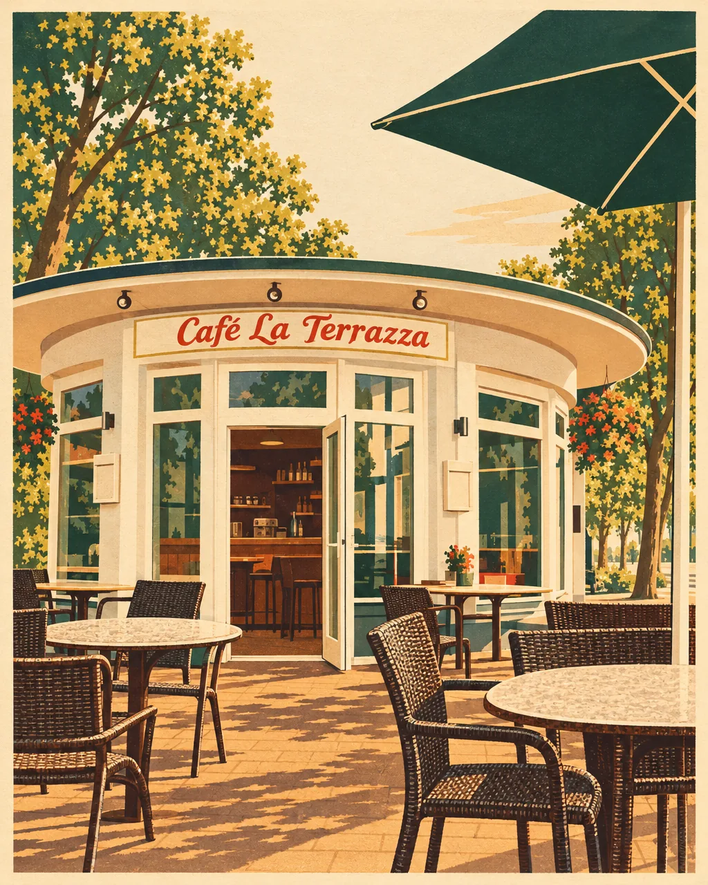 Illustration im Stil eines italienischen Plakats: unser runder Pavillon mit dem Schriftzug Café La Terrazza, davor Tische, Stühle und ein Sonnenschirm unter Bäumen